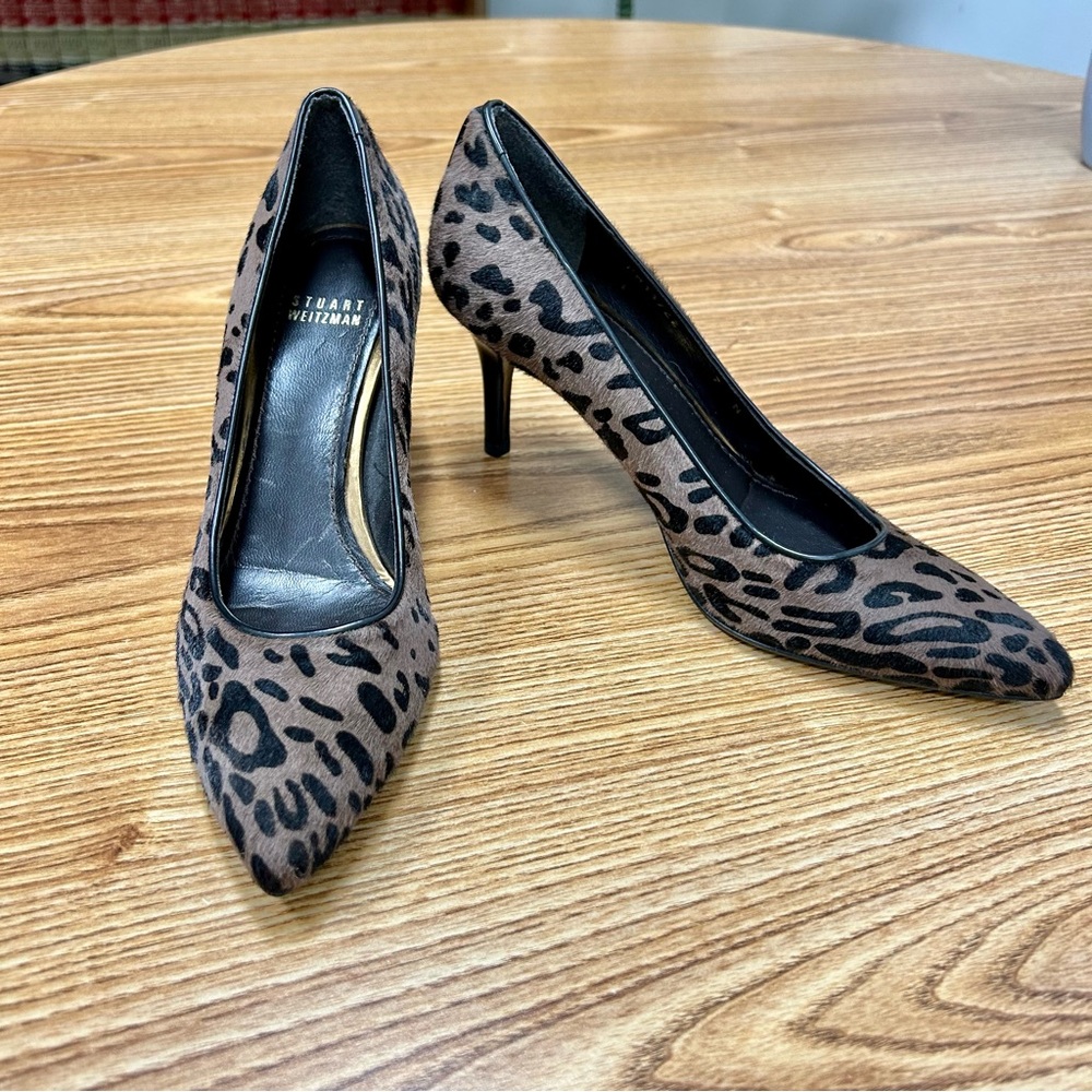 Stuart Weitzman Leopard Calf Hair Leather Pointy Toe Heels EUC